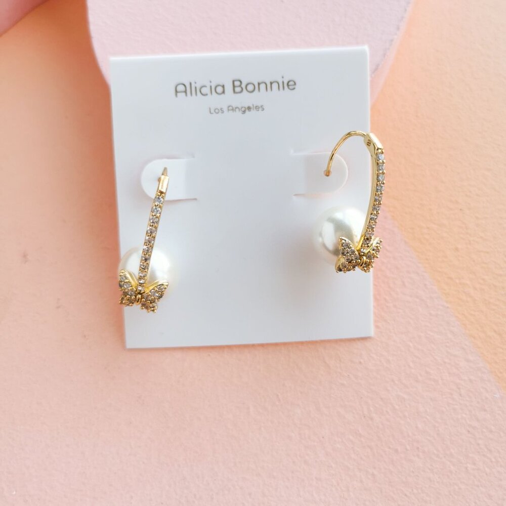 Alicia Bonnie - Fluttering Wonder Pearl White Crystal Gold Earrings - NEW